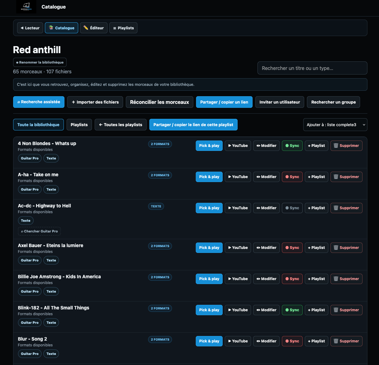 Catalogue personnel Scenabox avec morceaux groupés par formats et état de synchronisation