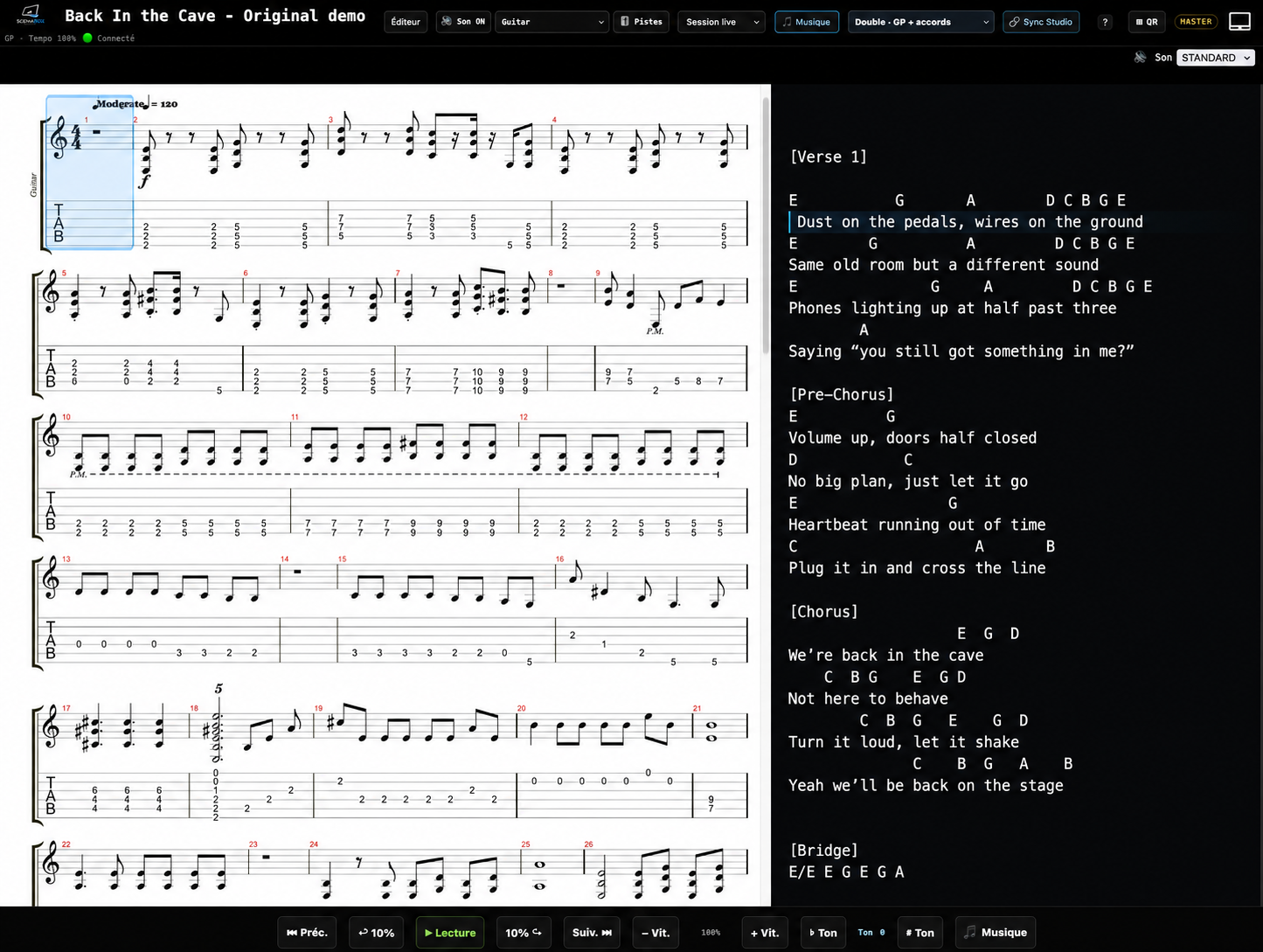 Vue Double Scenabox avec partition Guitar Pro à gauche et paroles et accords synchronisés à droite