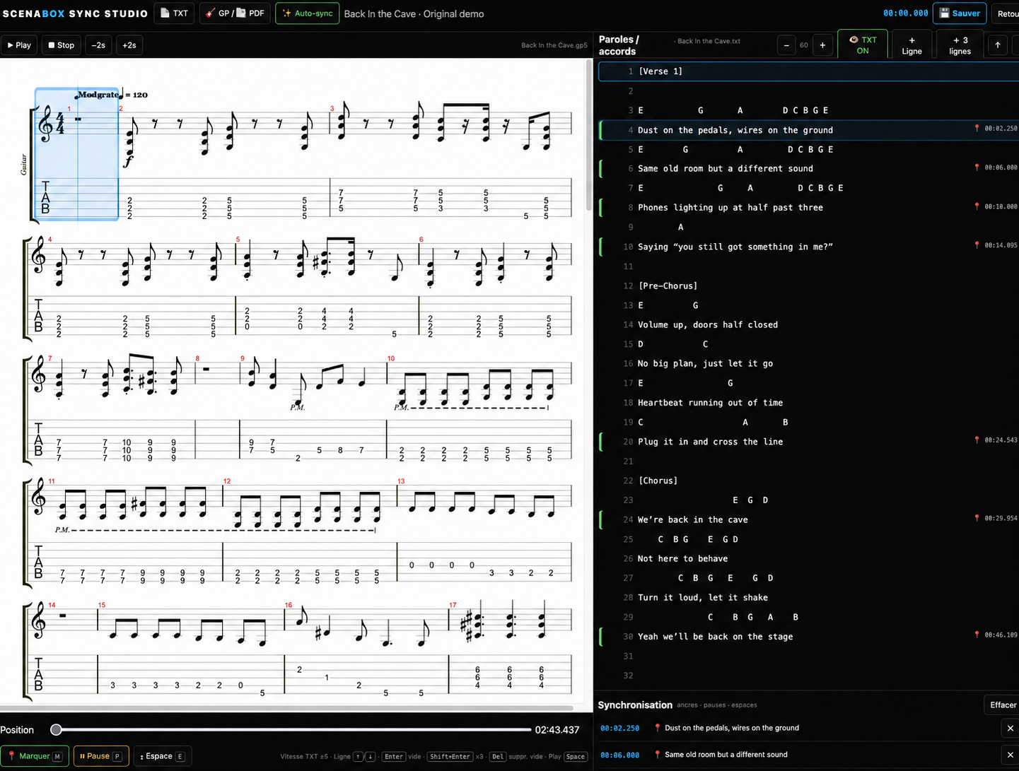 Sync Studio Scenabox associant précisément une partition Guitar Pro aux paroles et accords